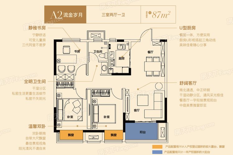 高层A2户型 3室2厅1卫1厨 建筑面积：87.00㎡