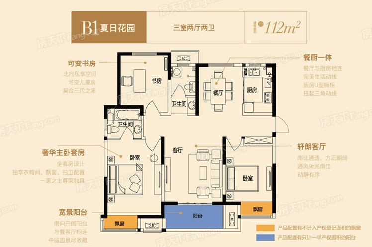高层B1户型 3室2厅2卫1厨 建筑面积：112.00㎡