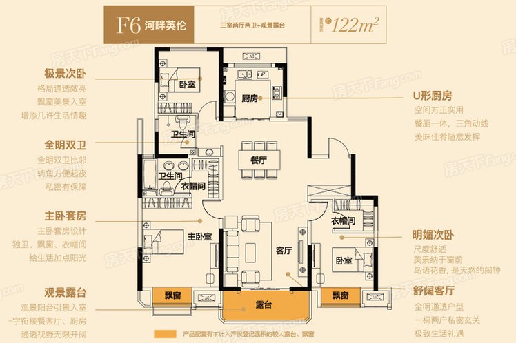 洋房F6户型 3室2厅2卫1厨 建筑面积：122.00㎡