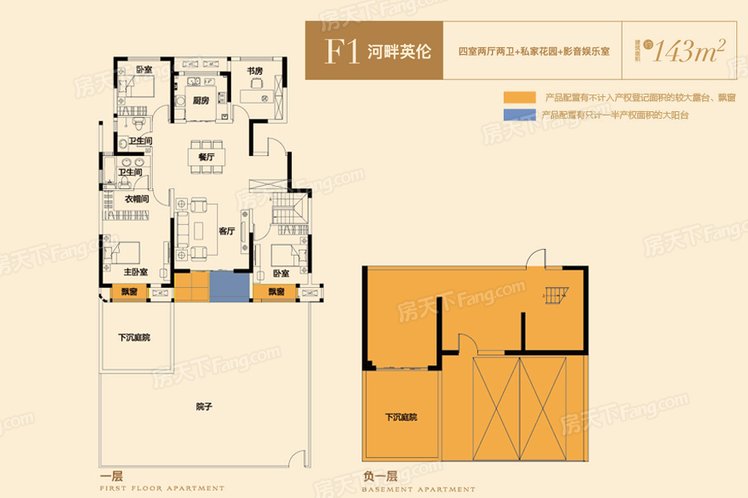 洋房F1户型4室2厅2卫1厨 建筑面积：143.00㎡